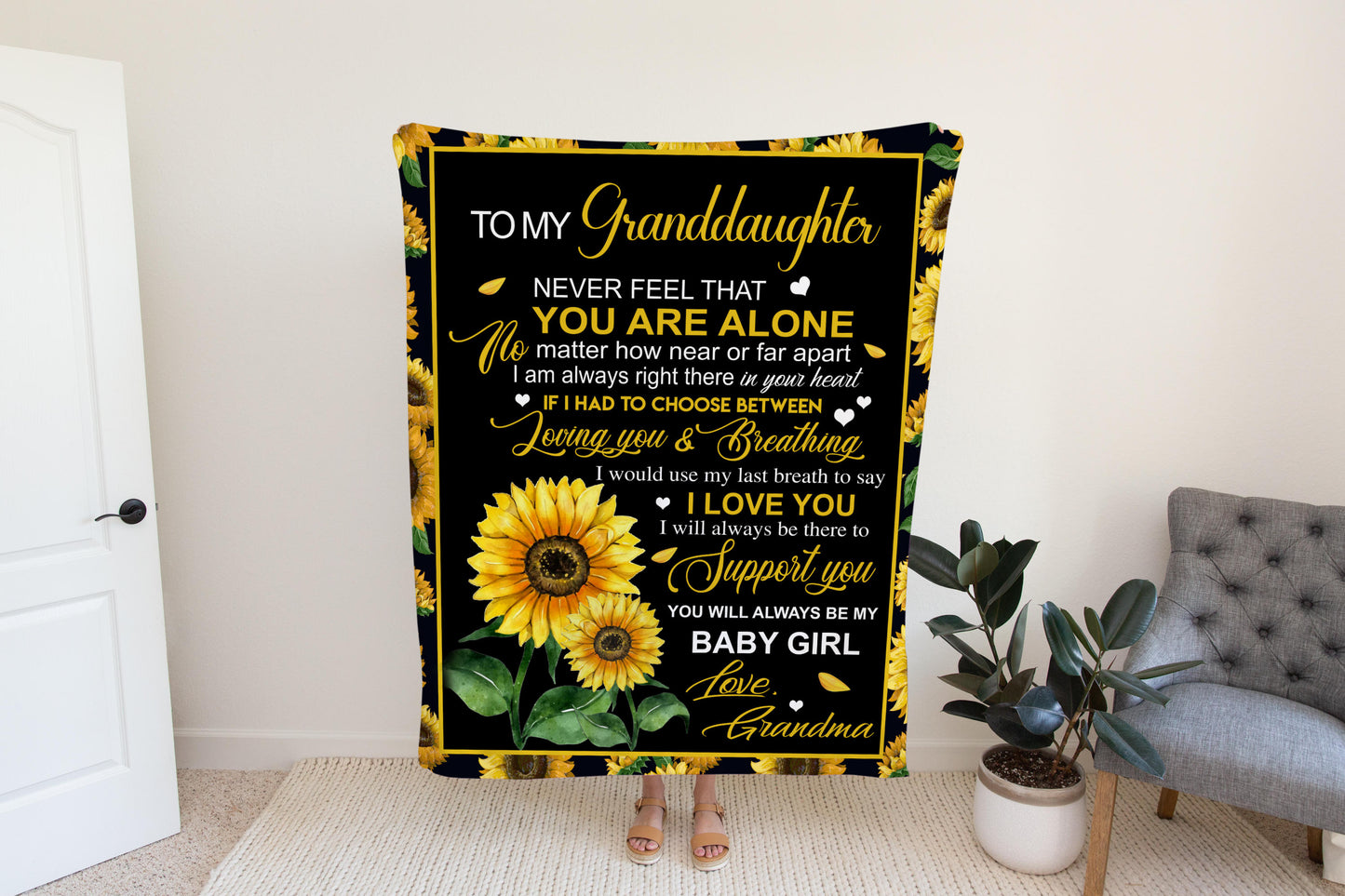 Granddaughter Blanket Gift from Grandma, Sunflowers Fleece Blanket