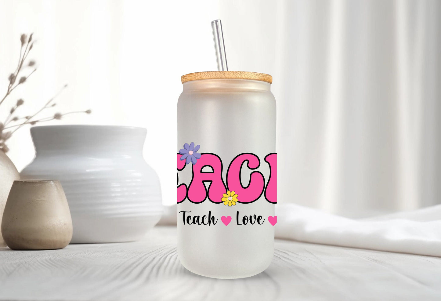 Teach Love & Inspire Glass Can, Gift for Teacher, Teacher Appreciation Gift Ideas