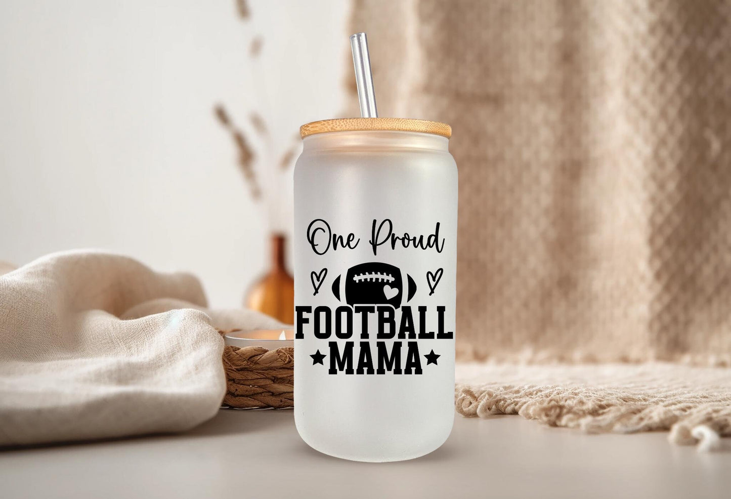 Football Season, Personalized Football Mama Glass Can, Football Mom, Iced Coffee Cup