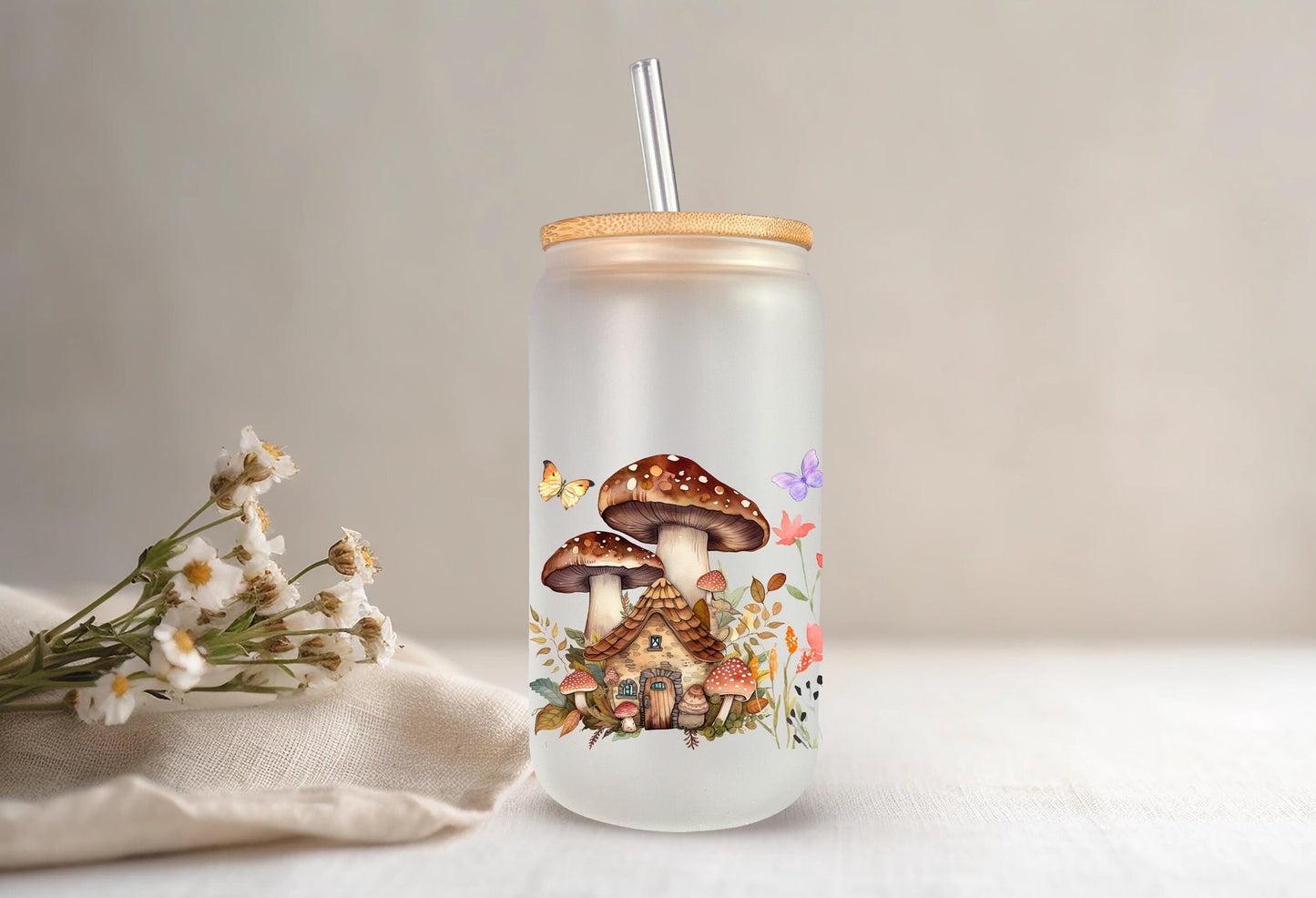 Cottagecore Glass Can, Mushroom Glass Can, Iced Coffee Cup, Floral Mushroom Glass Can