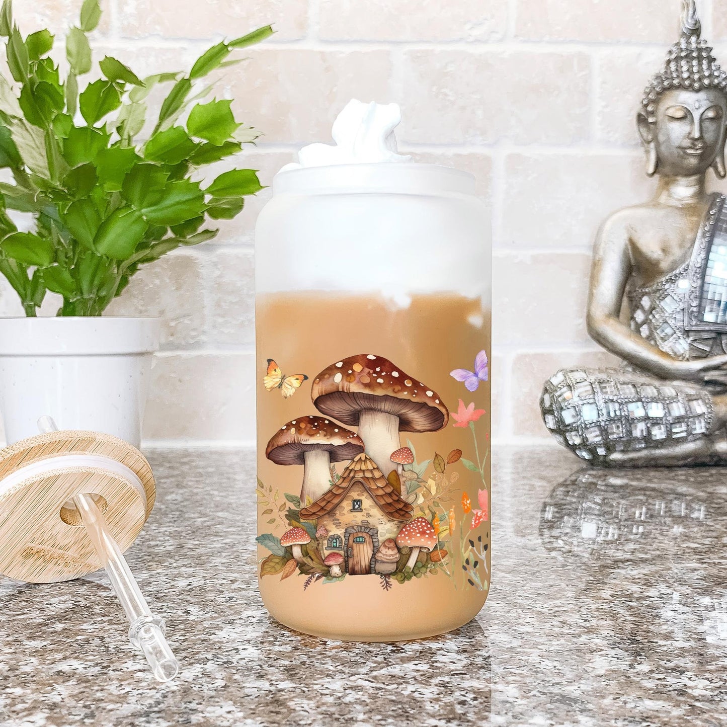 Cottagecore Glass Can, Mushroom Glass Can, Iced Coffee Cup, Floral Mushroom Glass Can