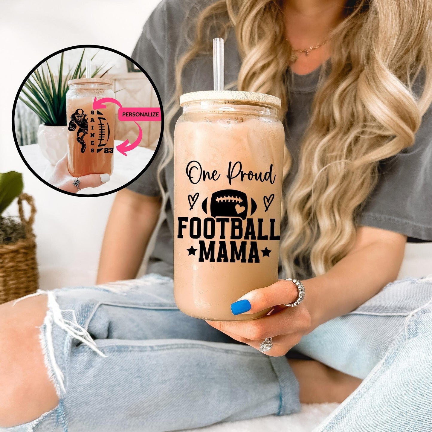 Football Season, Personalized Football Mama Glass Can, Football Mom, Iced Coffee Cup