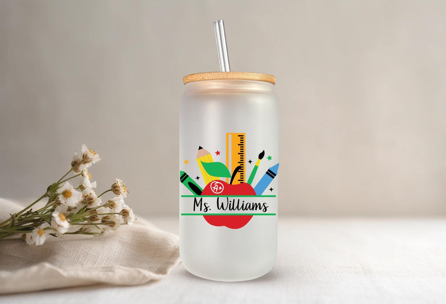 Cute Personalized Teacher Libbey Glass Can, Gifts for Teacher, Teacher Appreciation