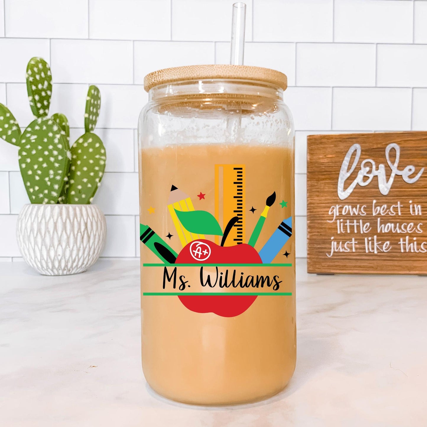 Cute Personalized Teacher Libbey Glass Can, Gifts for Teacher, Teacher Appreciation