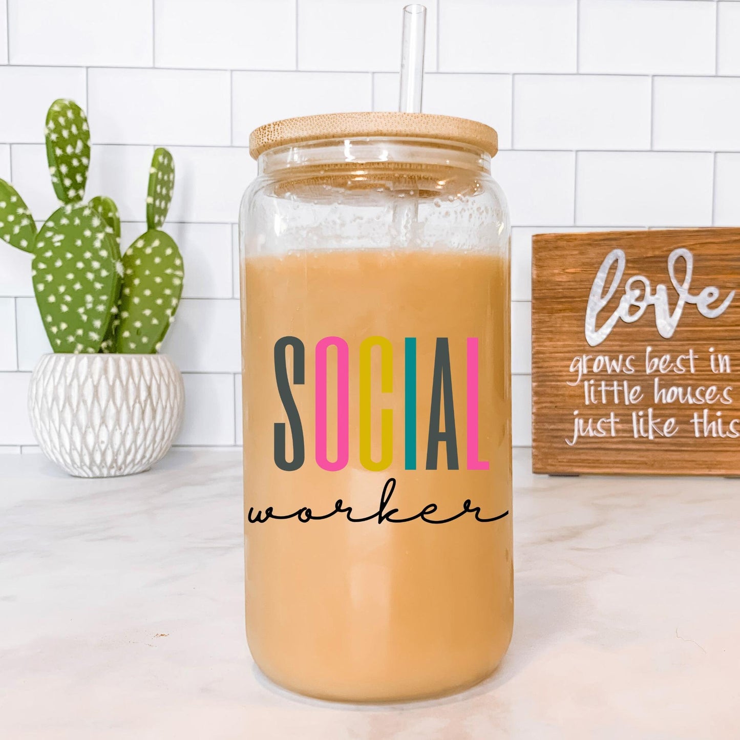 Social Worker Glass Can, Social Worker Gifts, Counselor Gifts, Iced Coffee Cup