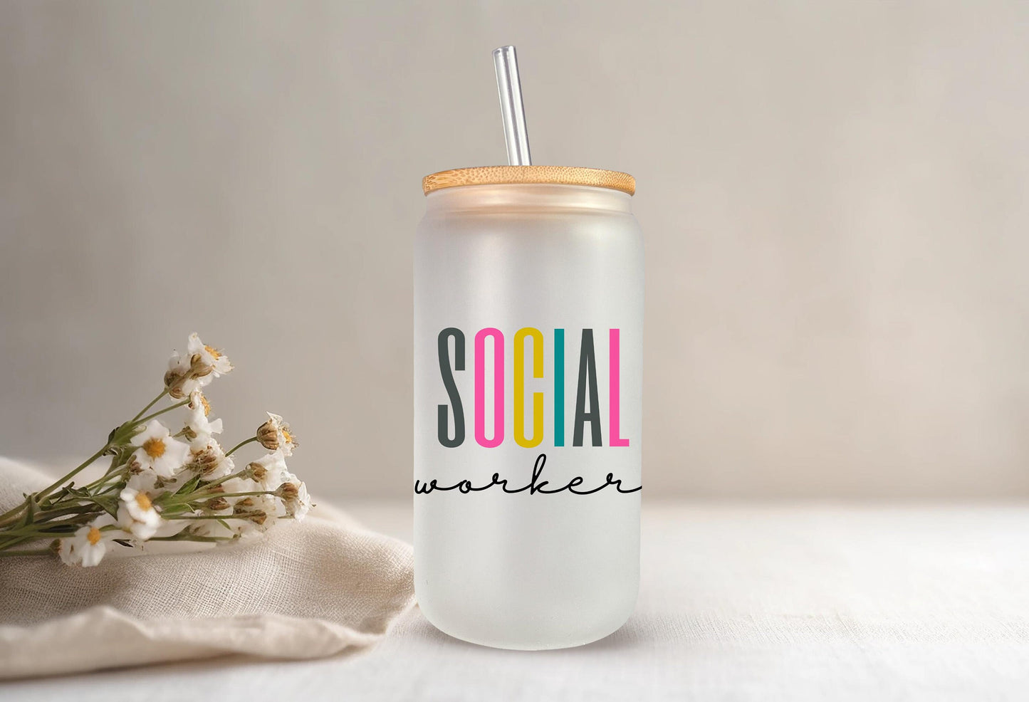 Social Worker Glass Can, Social Worker Gifts, Counselor Gifts, Iced Coffee Cup