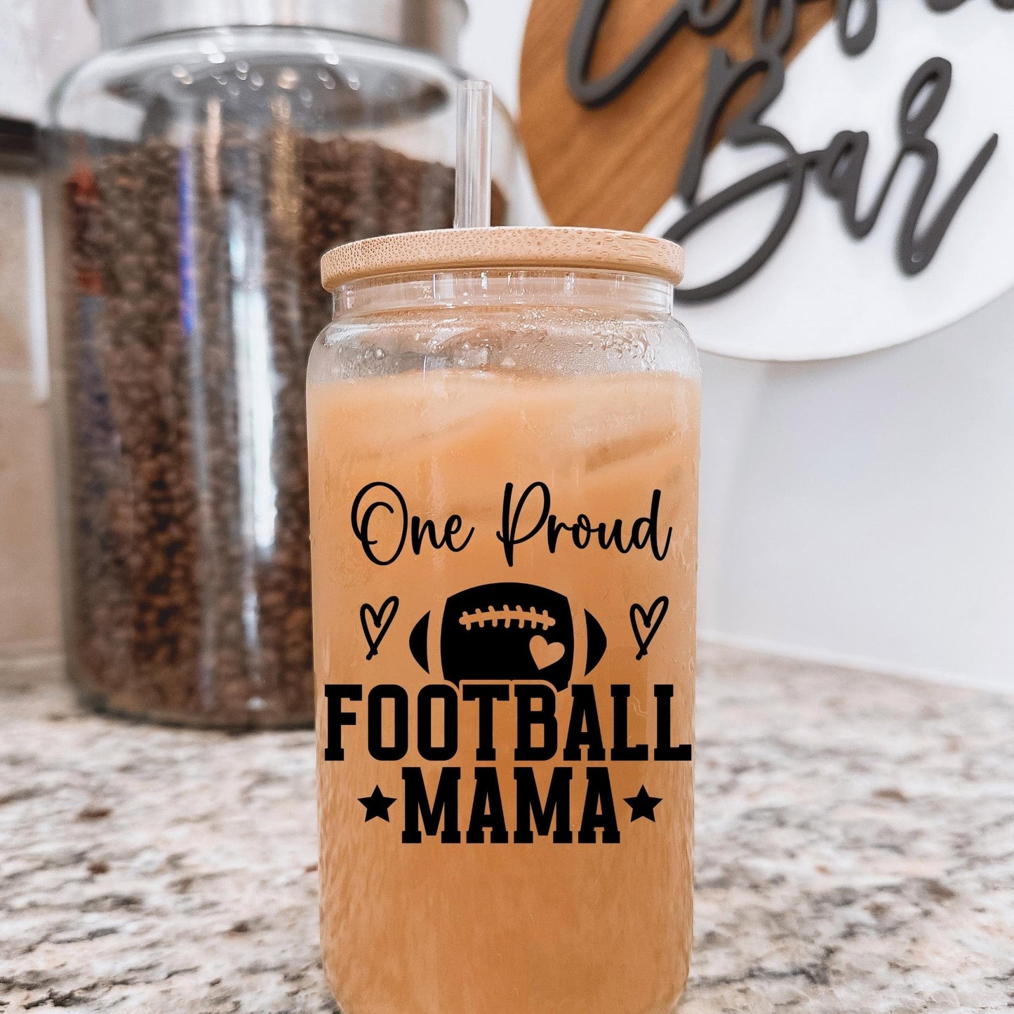 Football Season, Personalized Football Mama Glass Can, Football Mom, Iced Coffee Cup