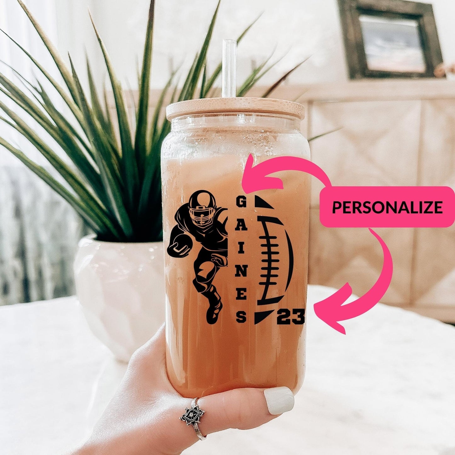 Football Season, Personalized Football Mama Glass Can, Football Mom, Iced Coffee Cup