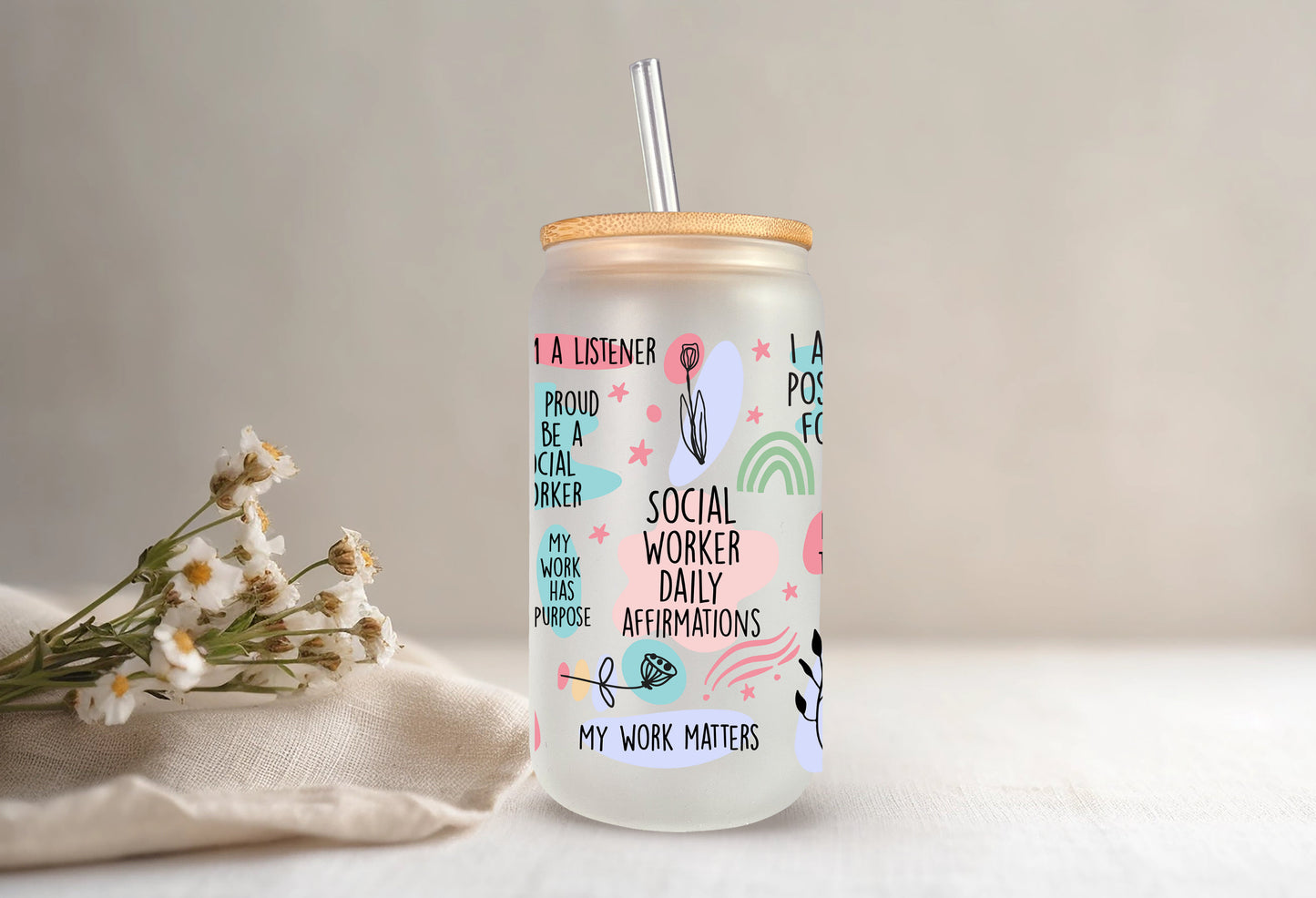 Social Worker Daily Affirmations Glass Can, Counselor Gifts, Grad Gifts, Coworker Gifts