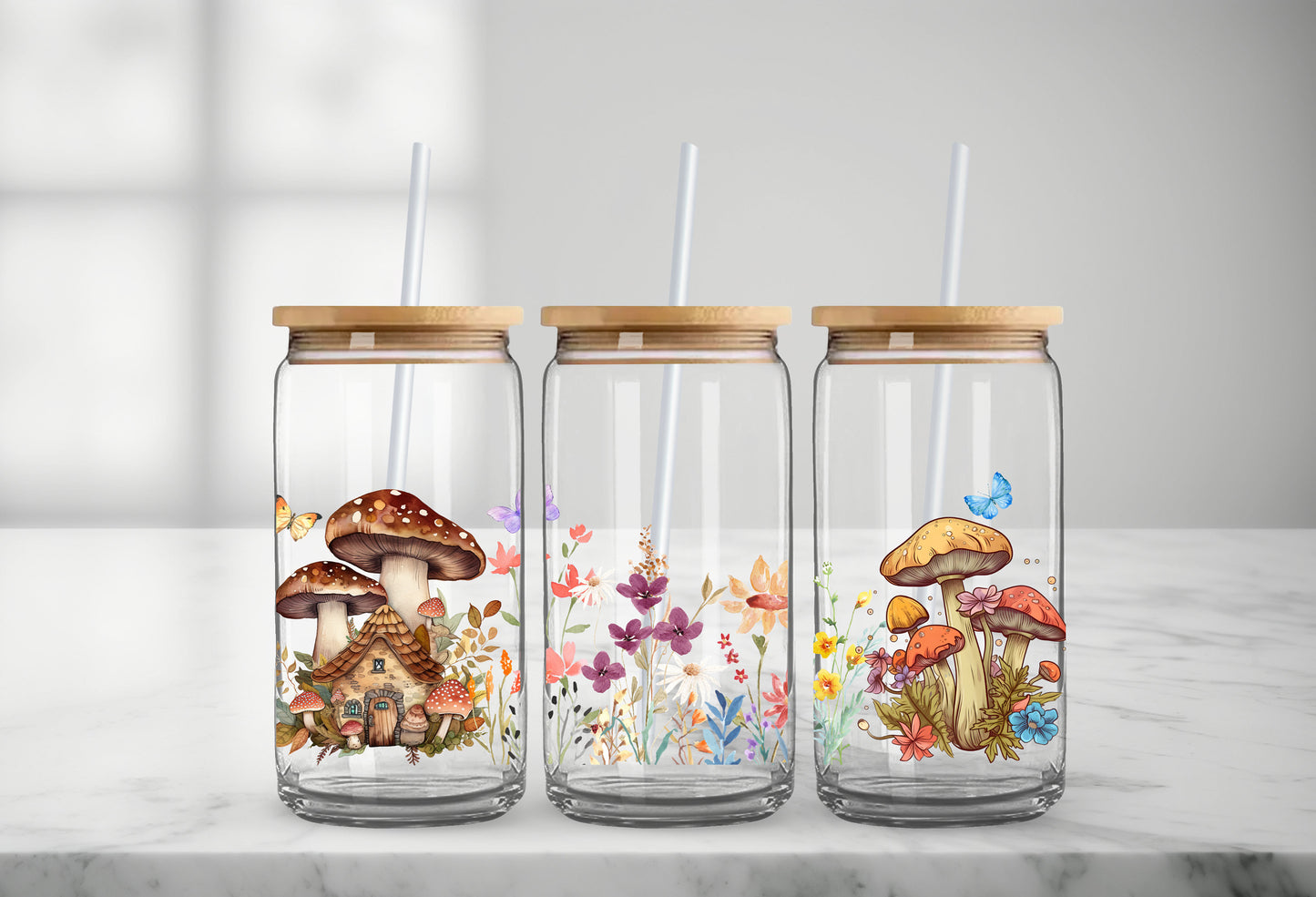 Cottagecore Glass Can, Mushroom Glass Can, Iced Coffee Cup, Floral Mushroom Glass Can