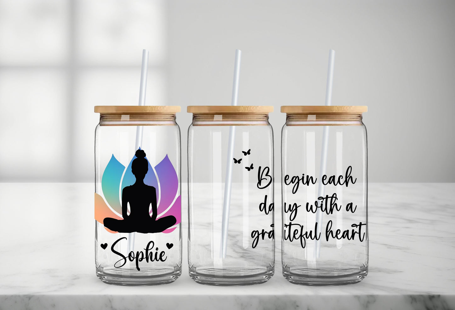 Personalized Positive Mindset Glass Can, Gifts for Her, Gratitude Iced Coffee Cup