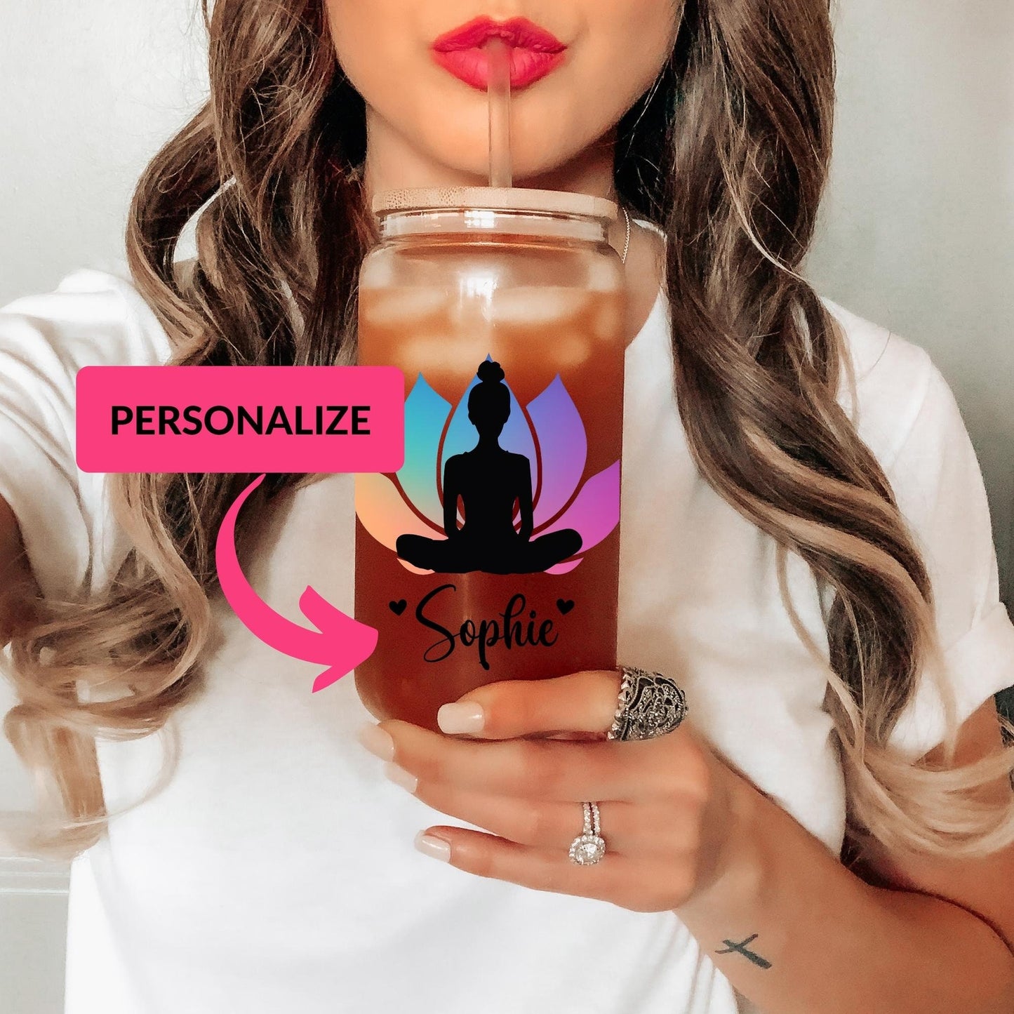 Personalized Positive Mindset Glass Can, Gifts for Her, Gratitude Iced Coffee Cup