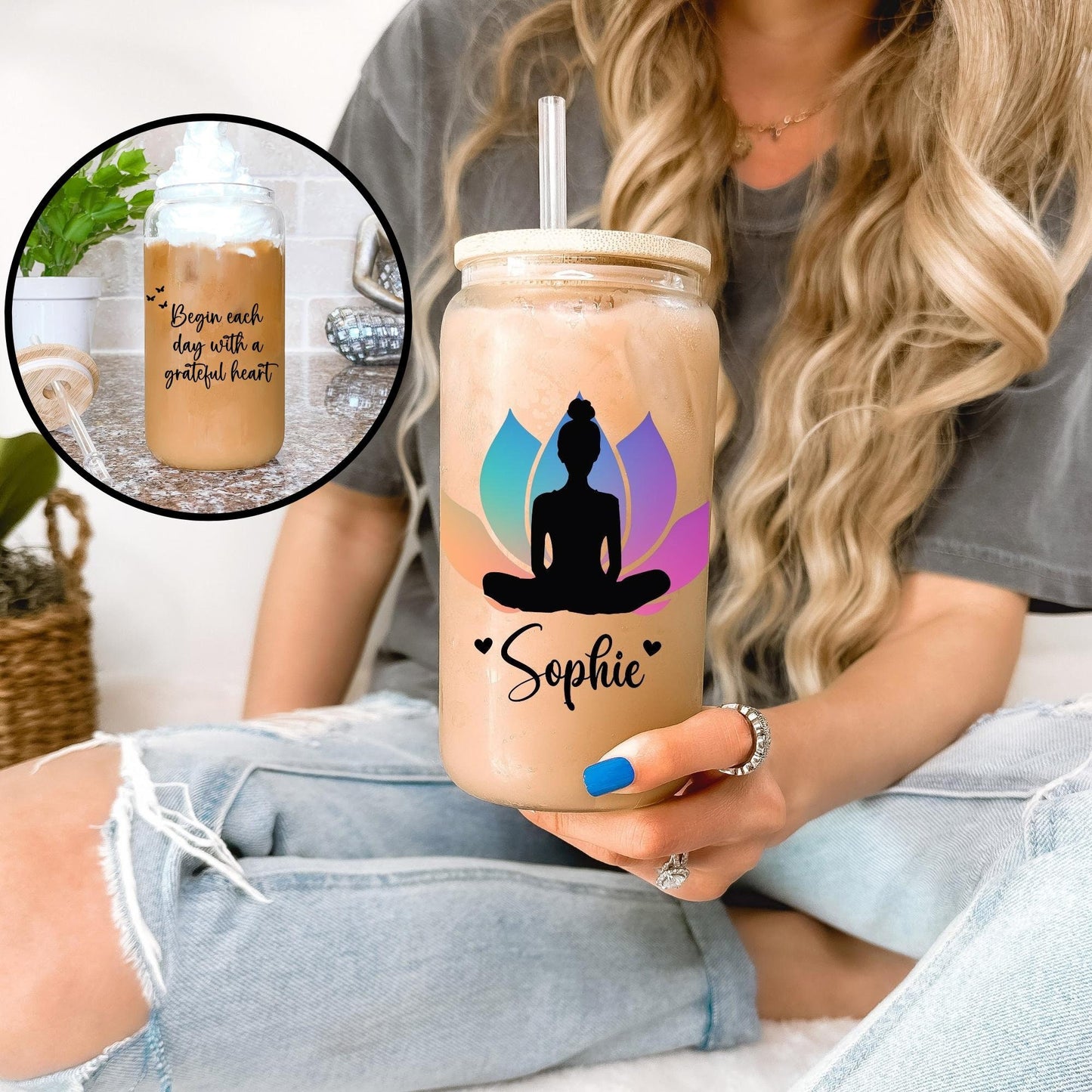 Personalized Positive Mindset Glass Can, Gifts for Her, Gratitude Iced Coffee Cup