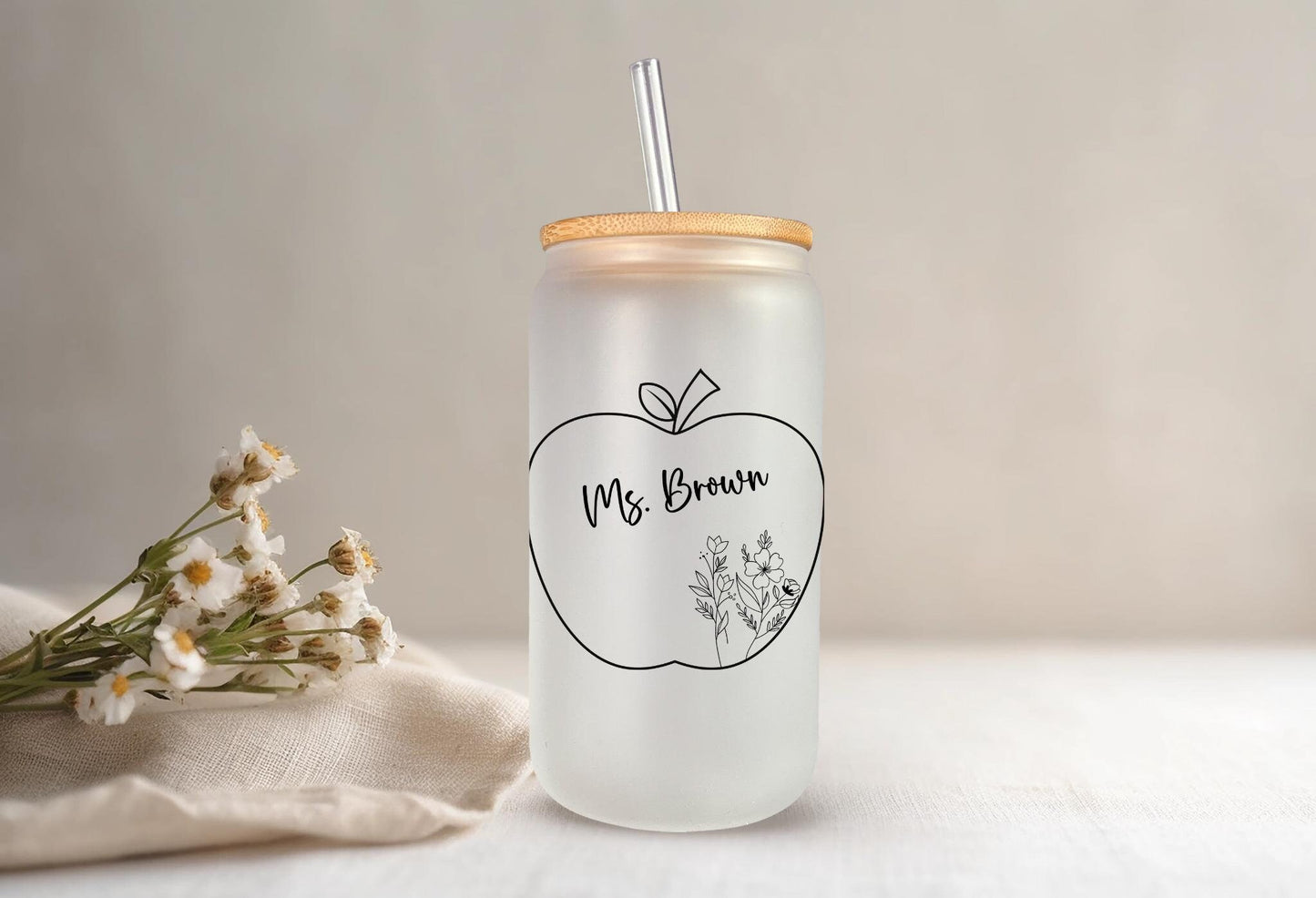 Wildflowers Teacher Libbey Glass Can, Teacher Gifts, Personalized Teacher Glass Tumblers