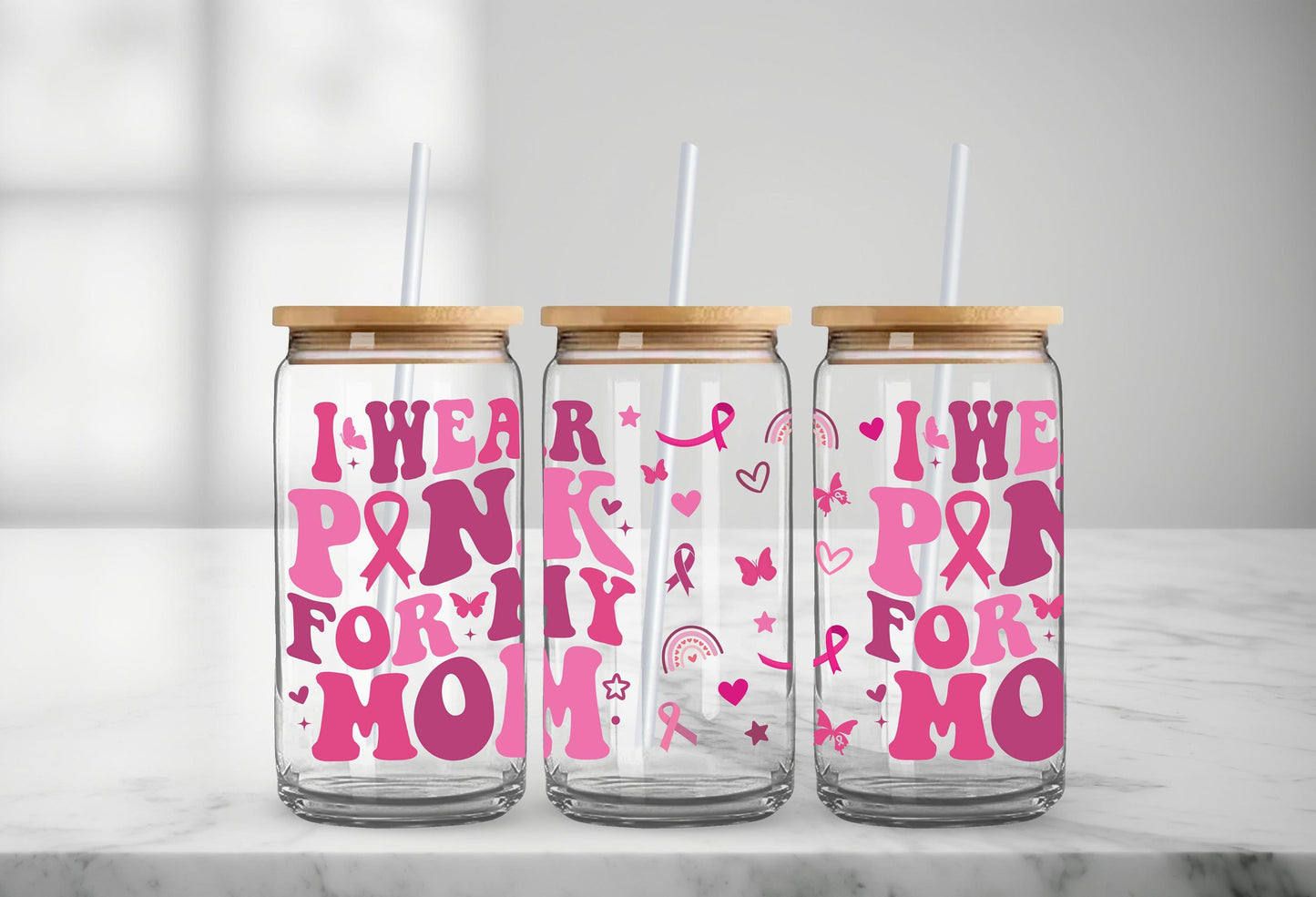 I Wear Pink for Mom Glass Can, Breast Cancer Awareness, Cancer Support