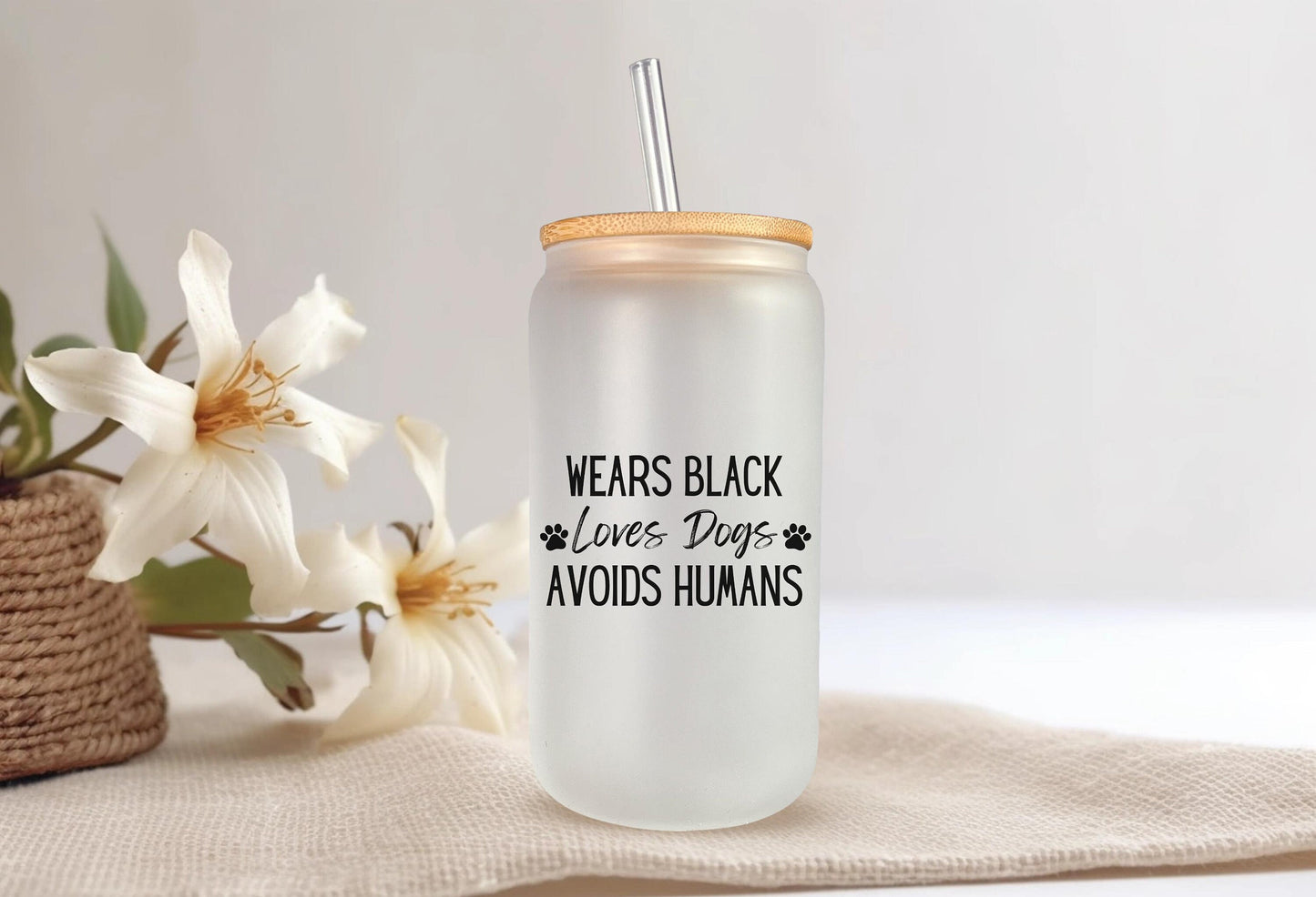 Wears Black Loves Dogs Avoids People, Iced Coffee Cup, Dog Lovers, Dog Mom, Funny Gifts