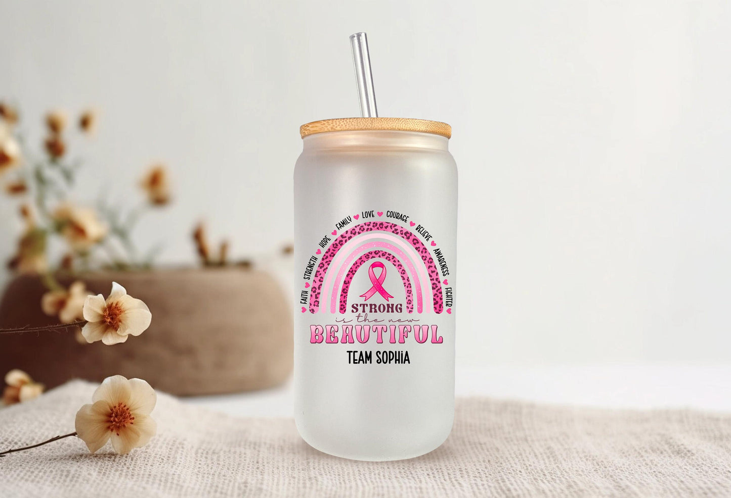 Breast Cancer Support Glass Can, Breast Cancer Awareness, Personalized Tumbler