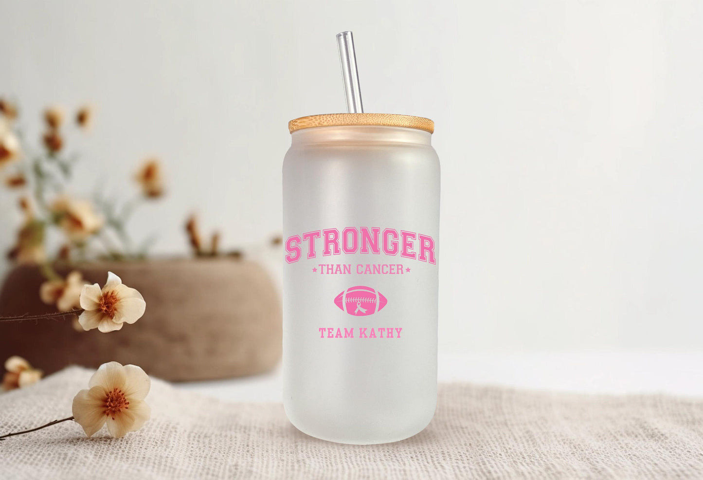 Stronger than Cancer Football Glass Can, Custom Breast Cancer Tumbler, Breast Cancer Support