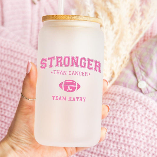 Stronger than Cancer Football Glass Can, Custom Breast Cancer Tumbler, Breast Cancer Support