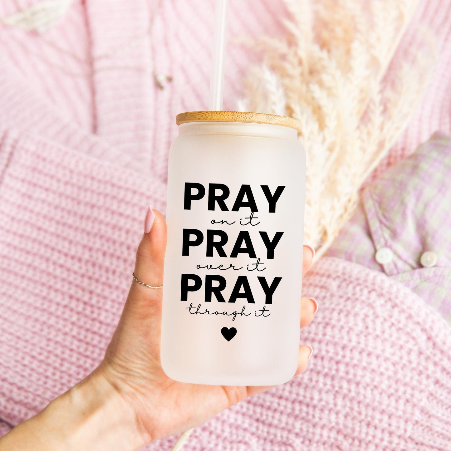 Pray Over It Glass Can with Lid, Faith Gifts, Christian Gifts for Women, Inspirational Gifts